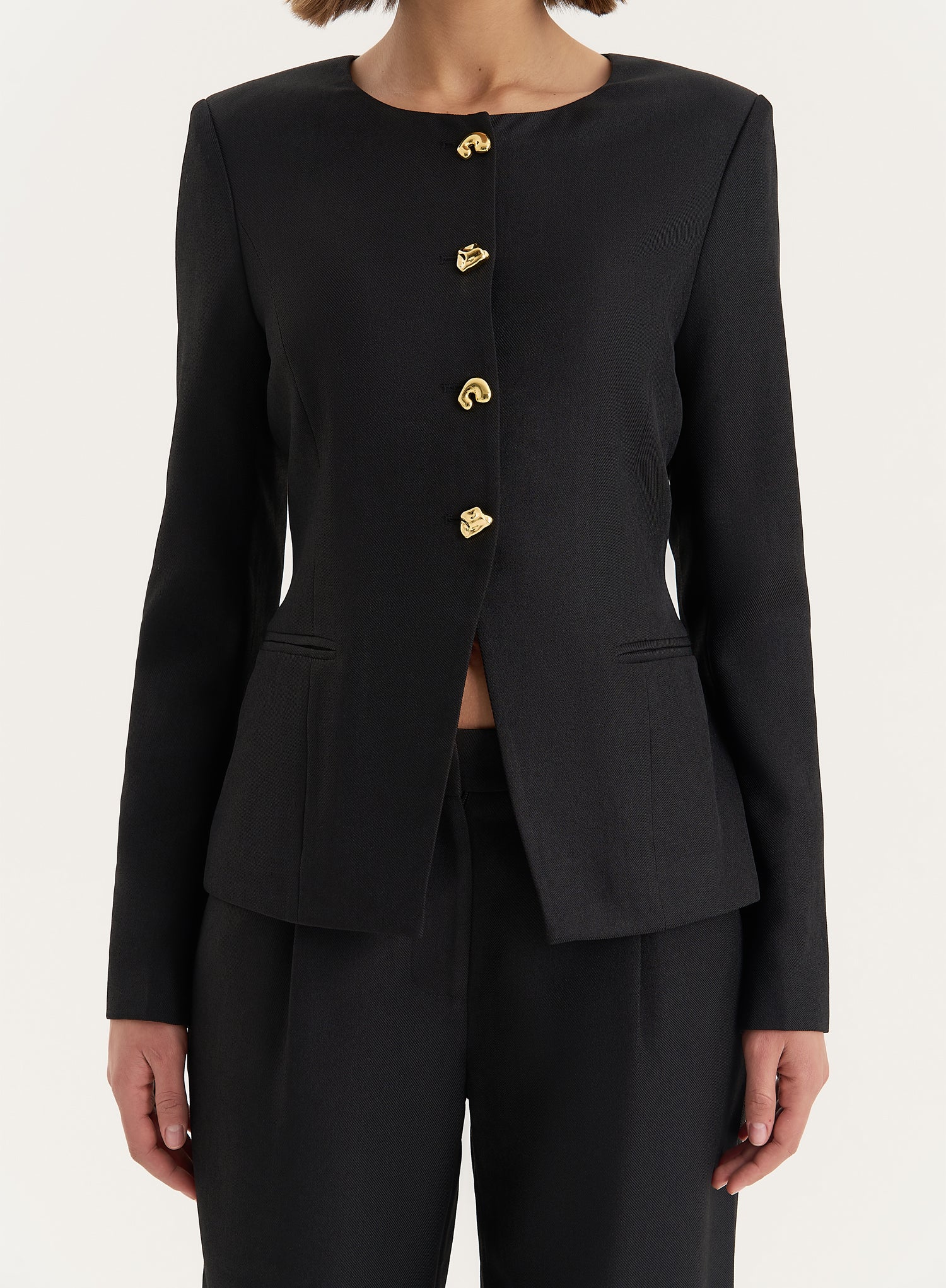 Black Tailored Gold Button Front Split Blazer